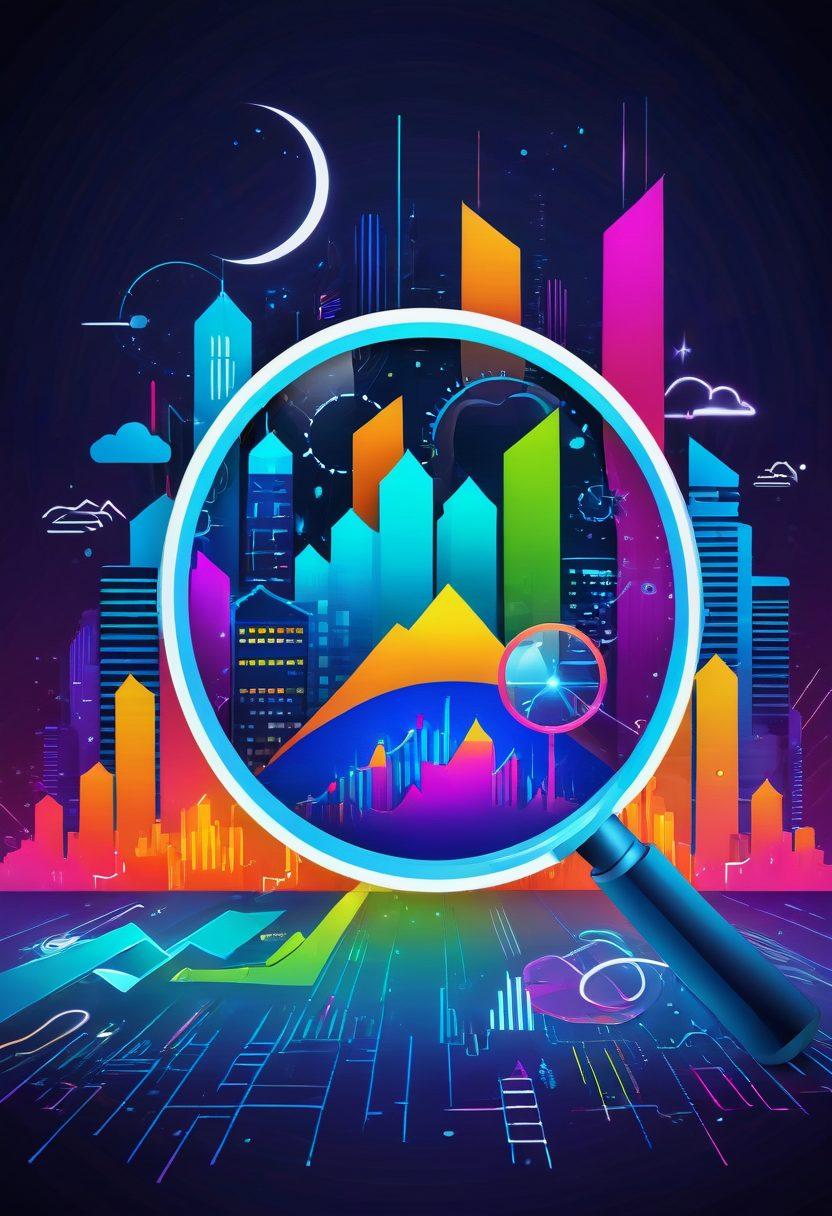 A dynamic collage of digital marketing icons, SEO metrics, and a futuristic cityscape representing the growth of internet businesses. Include glowing charts, a magnifying glass over a rising graph, and vibrant colors highlighting success. Futuristic theme with technology elements integrated seamlessly. vector art. vibrant colors.