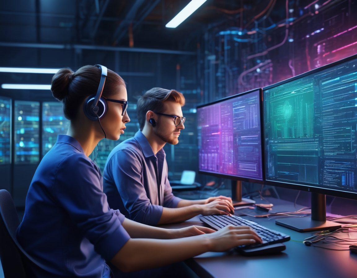 An intricate, sleek web interface being meticulously designed by a diverse team of developers and designers. In the background, servers with blinking lights signify robust hosting solutions, while an animated character manages on-screen maintenance tasks. The aesthetic should blend technology with creativity, showcasing a fluid workflow. super-realistic. vibrant colors. modern style.