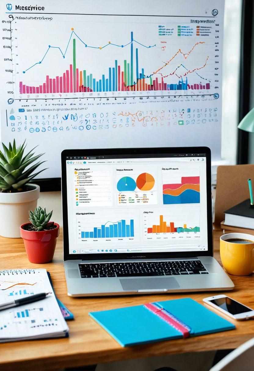 A detailed workspace scene with a laptop displaying a stunning website, vibrant charts depicting growth, notepads filled with strategic plans, and a cup of coffee. Background features digital elements like cloud storage, SEO icons, and coding snippets swirling around, symbolizing web services. Modern and professional atmosphere with bright colors. super-realistic. vibrant colors.